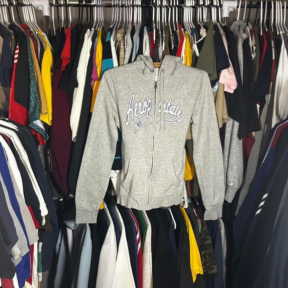 Grey vintage emo grunge y2k embroidered  Aeropostale zip-up hoodie Size M